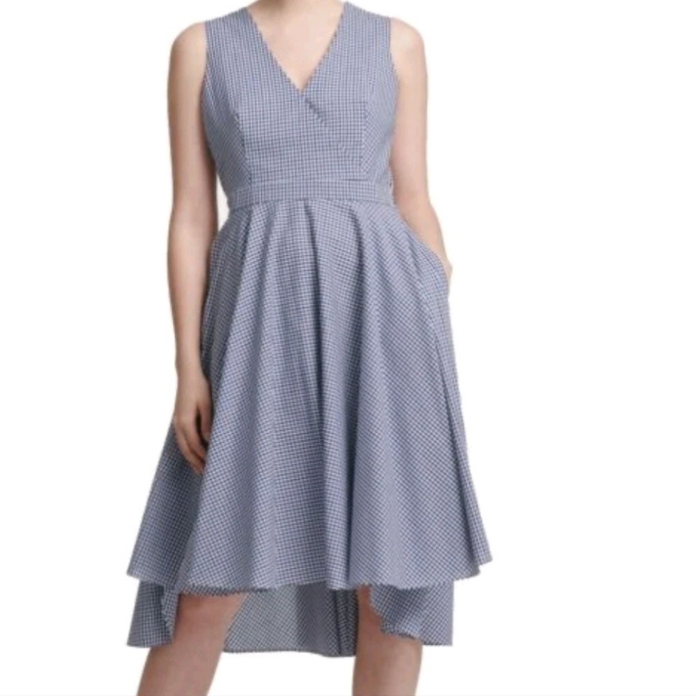 DKNY Royal Navy Blue Gingham Plaid Hi Low Surplice Dress Sz 14 - NEW
